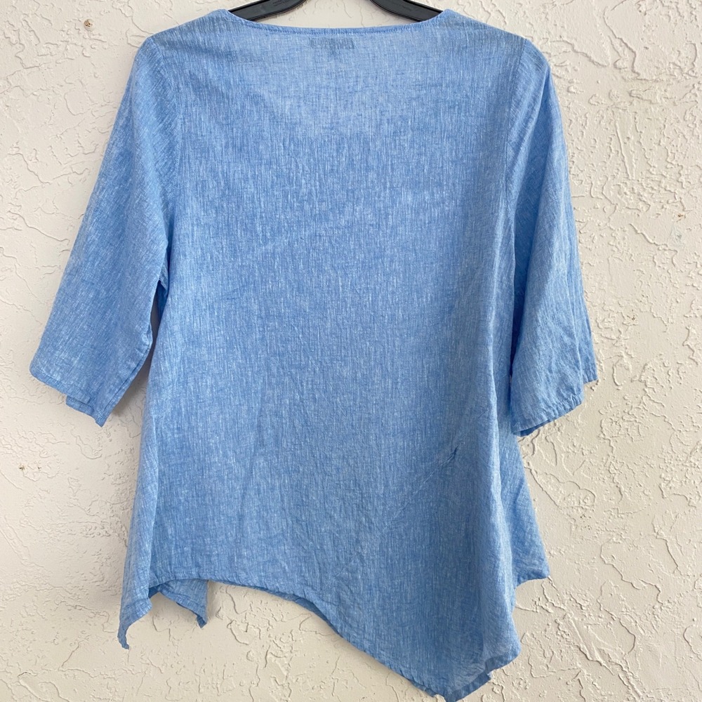 For Cynthia Top Womens Large Coastal Breezy Boho Blue Linen Blend Asymmetric Hem - Picture 2 of 7
